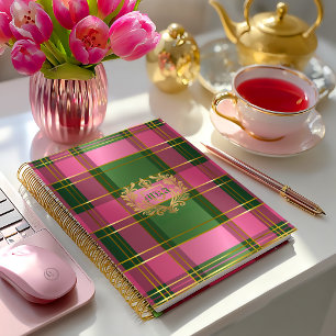 Luxe Rijke Roze Groene Geruite Wapen Monogram Notitieboek