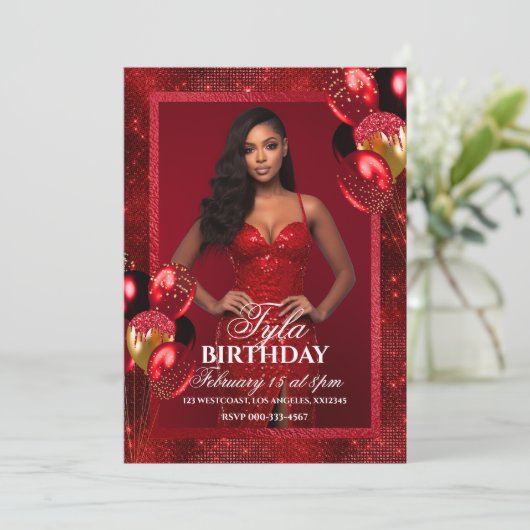 Luxe rode ballonnen foto uitnodiging (Staand voorkant)