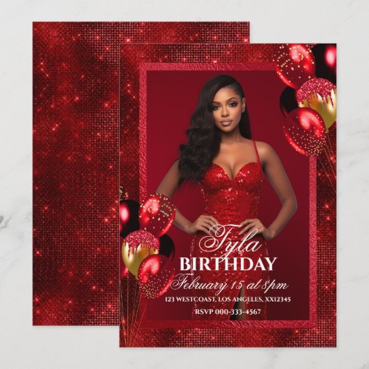 Luxe rode ballonnen foto uitnodiging (Voorkant / Achterkant)