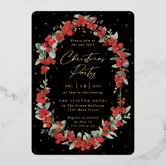 Luxe Rode Berry + Eucalyptusfeest Folie Uitnodiging (Voorkant)