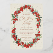 Luxe Rode Bes + Eucalyptus Kerstfeest Folie Uitnodiging (Voorkant)