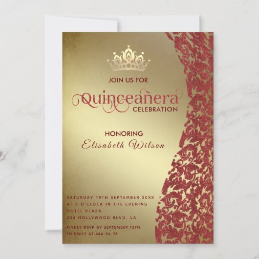luxe rode damast gouden tiara Quinceañera Kaart (Voorkant)