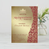 luxe rode damast gouden tiara Quinceañera Kaart (Staand voorkant)