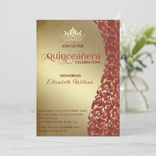  luxe rode damast gouden tiara Quinceañera Kaart (Staand voorkant)