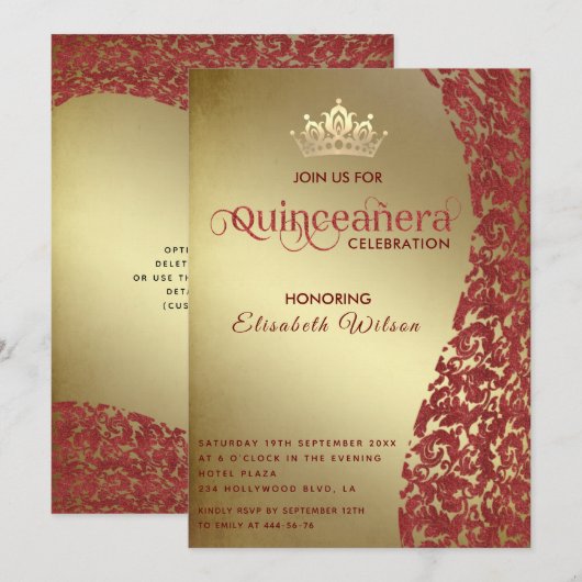  luxe rode damast gouden tiara Quinceañera Kaart (Voorkant / Achterkant)