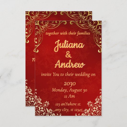 Luxe rode en gouden huwelijksuitnodiging kaart (Voorkant / Achterkant)