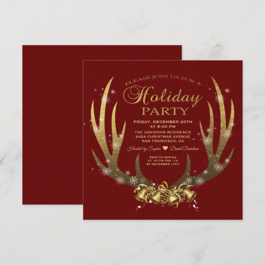 Luxe rode gouden folie herten gewei vakantiefeest  kaart (Voorkant / Achterkant)
