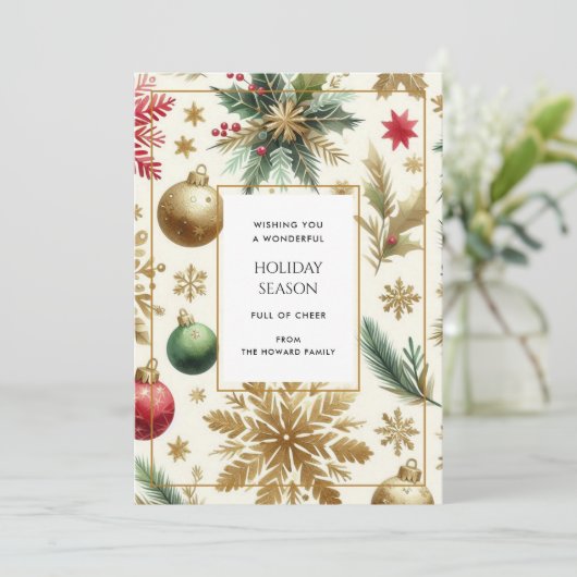 Luxe rode groene gouden sneeuwvlok kerstkaart (Staand voorkant)