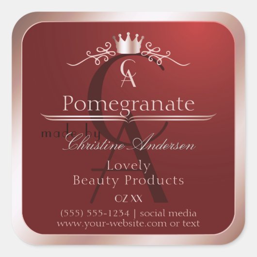 Luxe Rode Productlabel Roze Gouden Frame Monogram Vierkante Sticker (Voorkant)