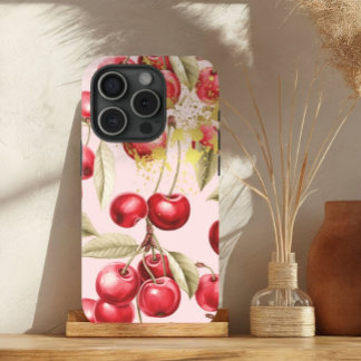 Luxe rode, roze en gouden Cherry Fruit Trellis iPhone 15 Case