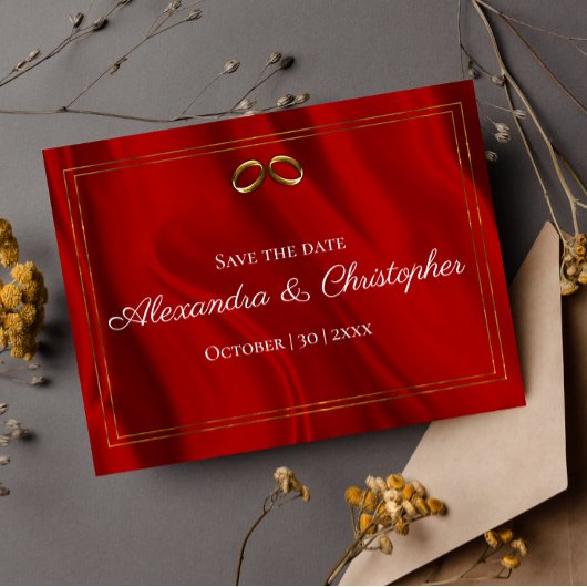 Luxe rode zijde en gouden bruiloft Bewaar de datum Aankondigingskaart