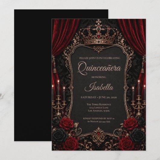 Luxe Rode & Zwarte Quinceañera Kaart (Voorkant / Achterkant)