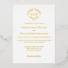 Luxe romantische krans monogram wit goud bruiloft folie uitnodiging