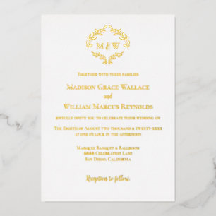 Luxe Romantische Krans Monogram Wit Goud Trouwfees Folie Uitnodiging