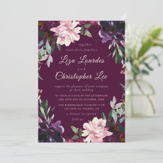 Luxe Romantische Marsala Bourgondië Bloemen Huweli Kaart (Staand voorkant)