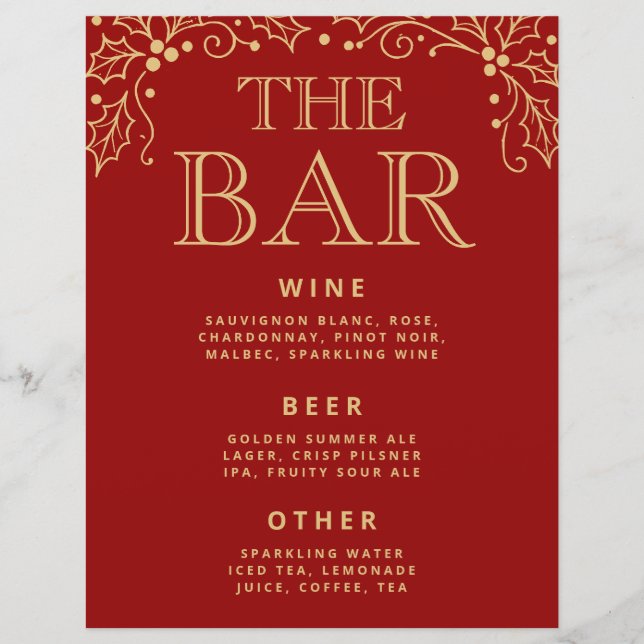 Luxe rood & antiek gouden bruiloftsbarmenu bord (Voorkant)