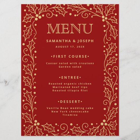Luxe rood & antiek-gouden trouwmenu kaart (Voorkant)