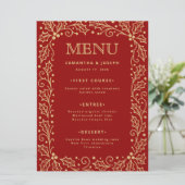 Luxe rood & antiek-gouden trouwmenu kaart (Staand voorkant)