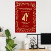 Luxe rood & antiek-gouden trouwposter poster (Thuiskantoor)