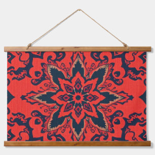 Luxe rood blauw sierlijk Perzisch medaillonpatroon Hangend Wandkleed