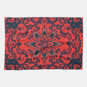 Luxe rood blauw sierlijk Perzisch medaillonpatroon Theedoek