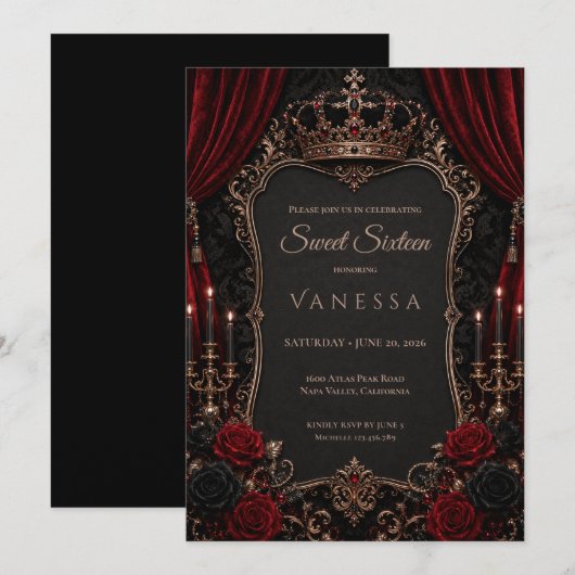 Luxe Rood Donker Gotisch Sweet 16 Kaart (Voorkant / Achterkant)
