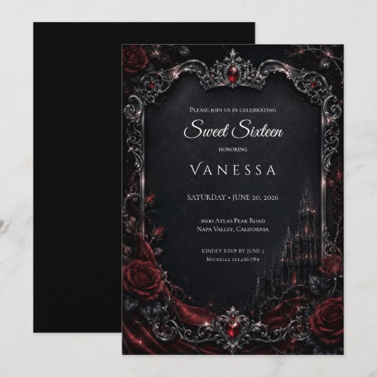 Luxe Rood Donker Gotisch Sweet 16 Kaart (Voorkant / Achterkant)