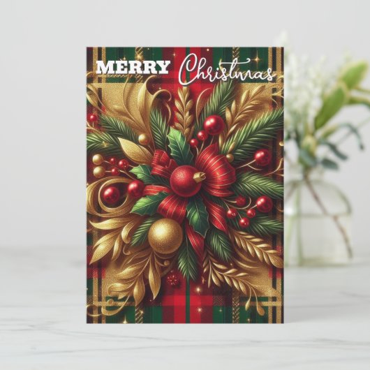 Luxe Rood en Groen Plakken Feestelijke Gouden Acce Feestdagenkaart (Staand voorkant)