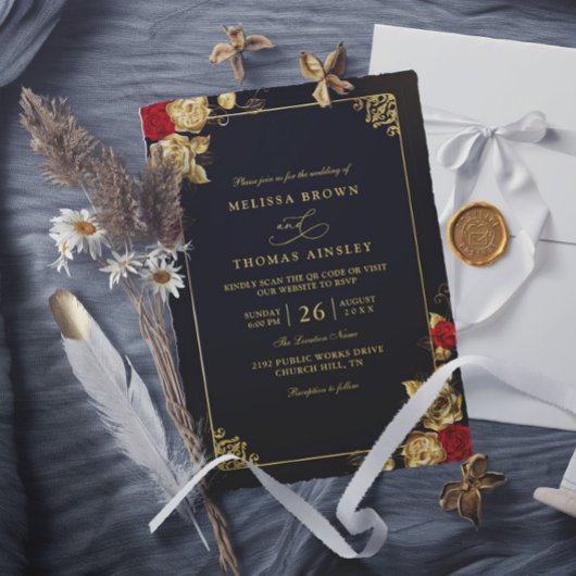 Luxe Rood Goud en Zwarte Elegante QR Code Bruiloft Kaart