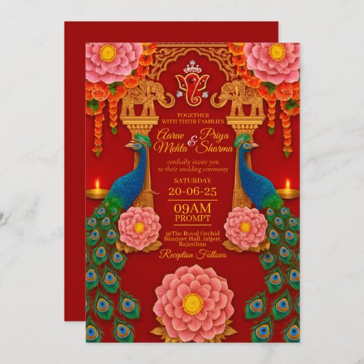 Luxe Rood & Goud Indiase bruiloft uitnodiging (Voorkant / Achterkant)