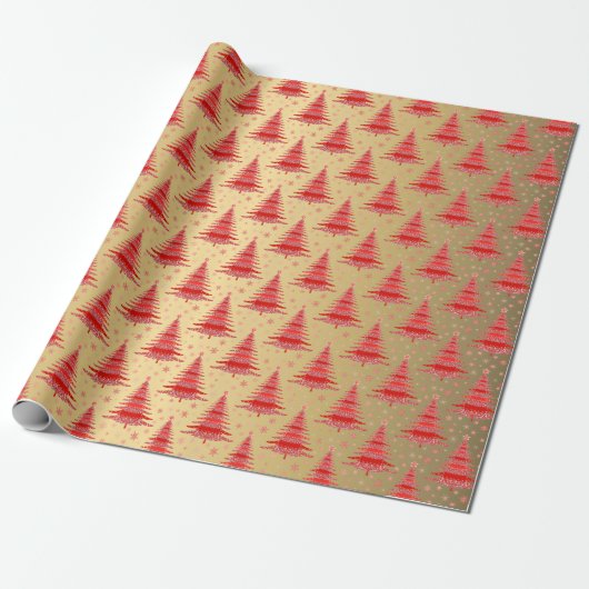 Luxe rood goud kerstboom patroon cadeaupapier (Uitgerold)