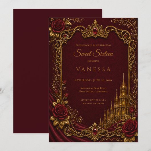 Luxe Rood & Goud Prinses Sweet 16 Kaart (Voorkant / Achterkant)
