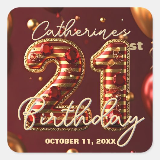 Luxe Rood Goud Robijn Edelsteen 21e Verjaardagsfee Vierkante Sticker (Voorkant)