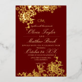 Luxe Rood & Goud Tuin Bloem Elegante Trouw Folie Uitnodiging (Voorkant)
