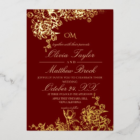 Luxe Rood & Goud Tuin Bloemen Elegante Huwelijk Folie Uitnodiging (Voorkant)
