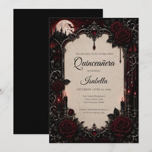 Luxe rood & zwart Quinceañera Kaart (Voorkant / Achterkant)