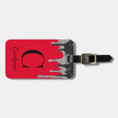 Luxe Rood Zwart Zilver Glitter Druppels Monogram Bagagelabel (Voorkant horizontaal)