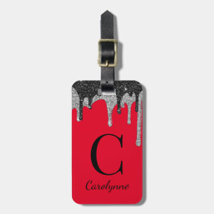 Luxe Rood Zwart Zilver Glitter Druppels Monogram Bagagelabel