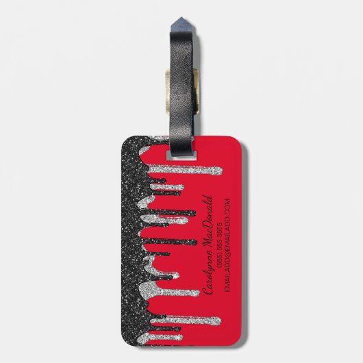 Luxe Rood Zwart Zilver Glitter Druppels Monogram Bagagelabel (Achterkant verticaal)
