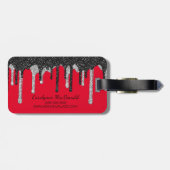 Luxe Rood Zwart Zilver Glitter Druppels Monogram Bagagelabel (Achterkant horizontaal)