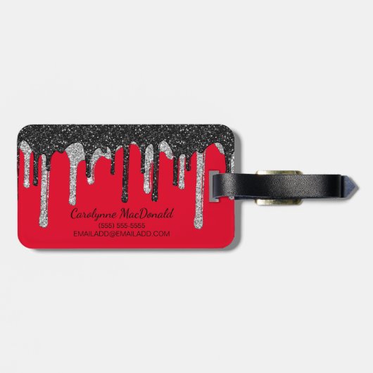 Luxe Rood Zwart Zilver Glitter Druppels Monogram Bagagelabel (Achterkant horizontaal)