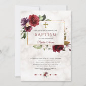 Luxe roodroze bloem kader marmer doop kaart (Voorkant)