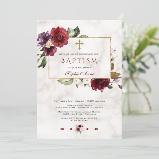 Luxe roodroze bloem kader marmer doop kaart (Staand voorkant)