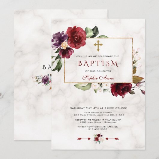 Luxe roodroze bloem kader marmer doop kaart (Voorkant / Achterkant)