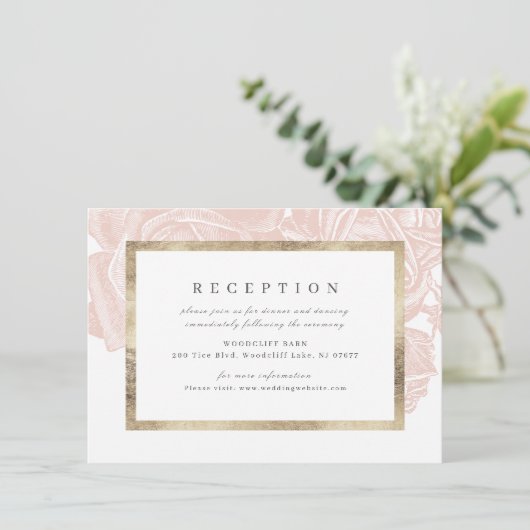 Luxe roos blush gold botanische receptie informatiekaartje (Staand voorkant)