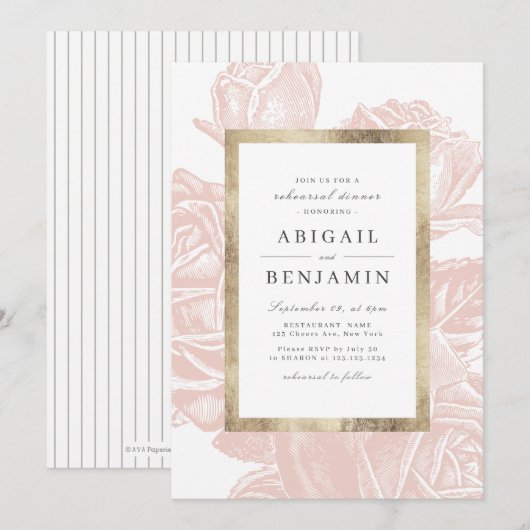 Luxe roos blush gouden  repetitiediner kaart (Voorkant / Achterkant)