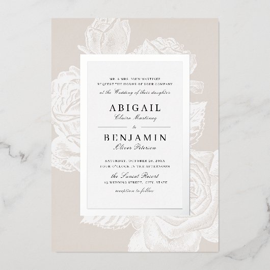 Luxe roos floral Silver  botanische bruiloft Folie Uitnodiging (Voorkant)