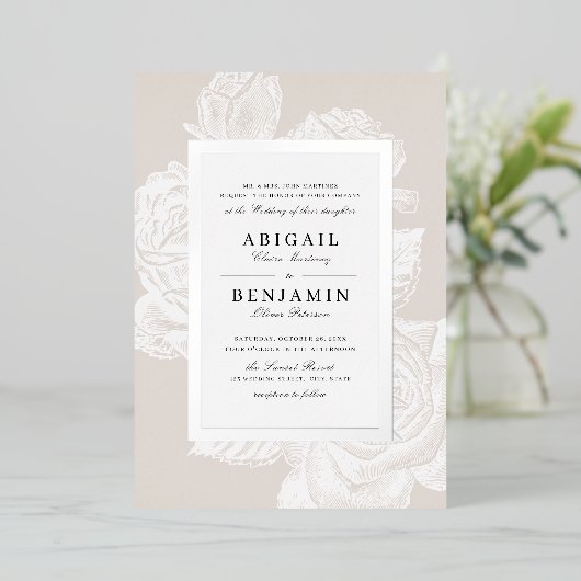 Luxe roos floral Silver  botanische bruiloft Folie Uitnodiging (Staand Voorkant)