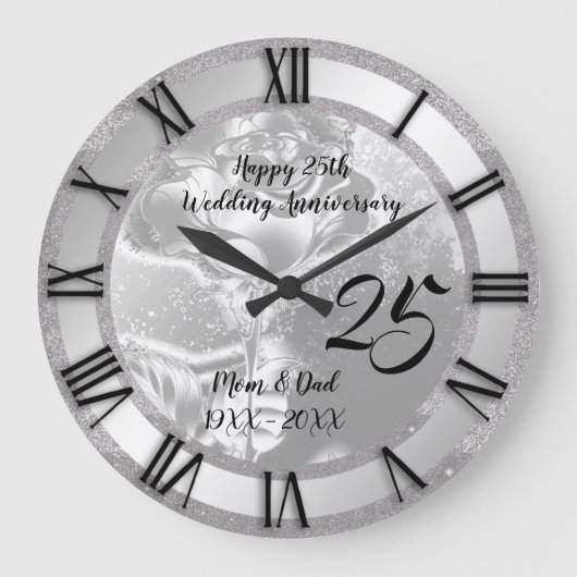 Luxe Roos Glitter Zilver 25e Jubileum Grote Klok (Voorkant)