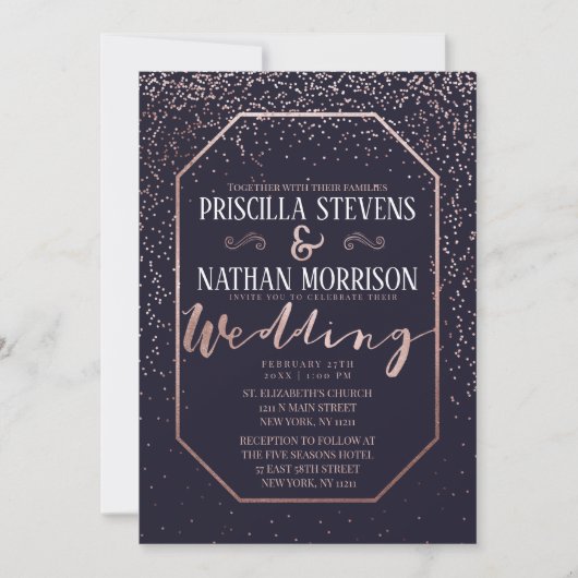 Luxe Roos Gold Confetti Navy Blue Wedding Kaart (Voorkant)